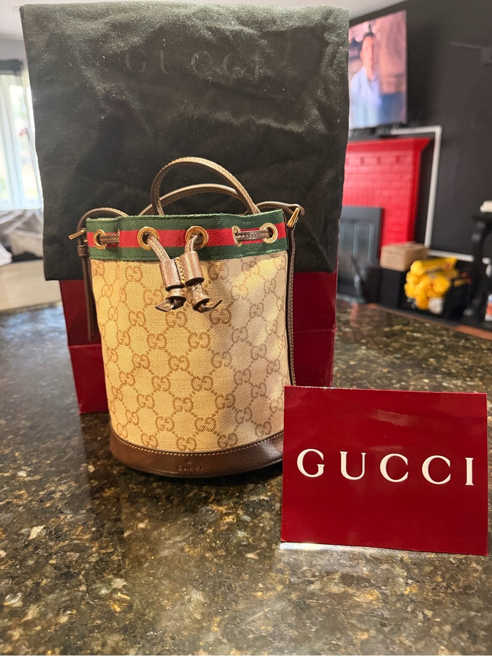Gucci Beige GG Canvas Small Bucket Bag with Brown Leather Trim
